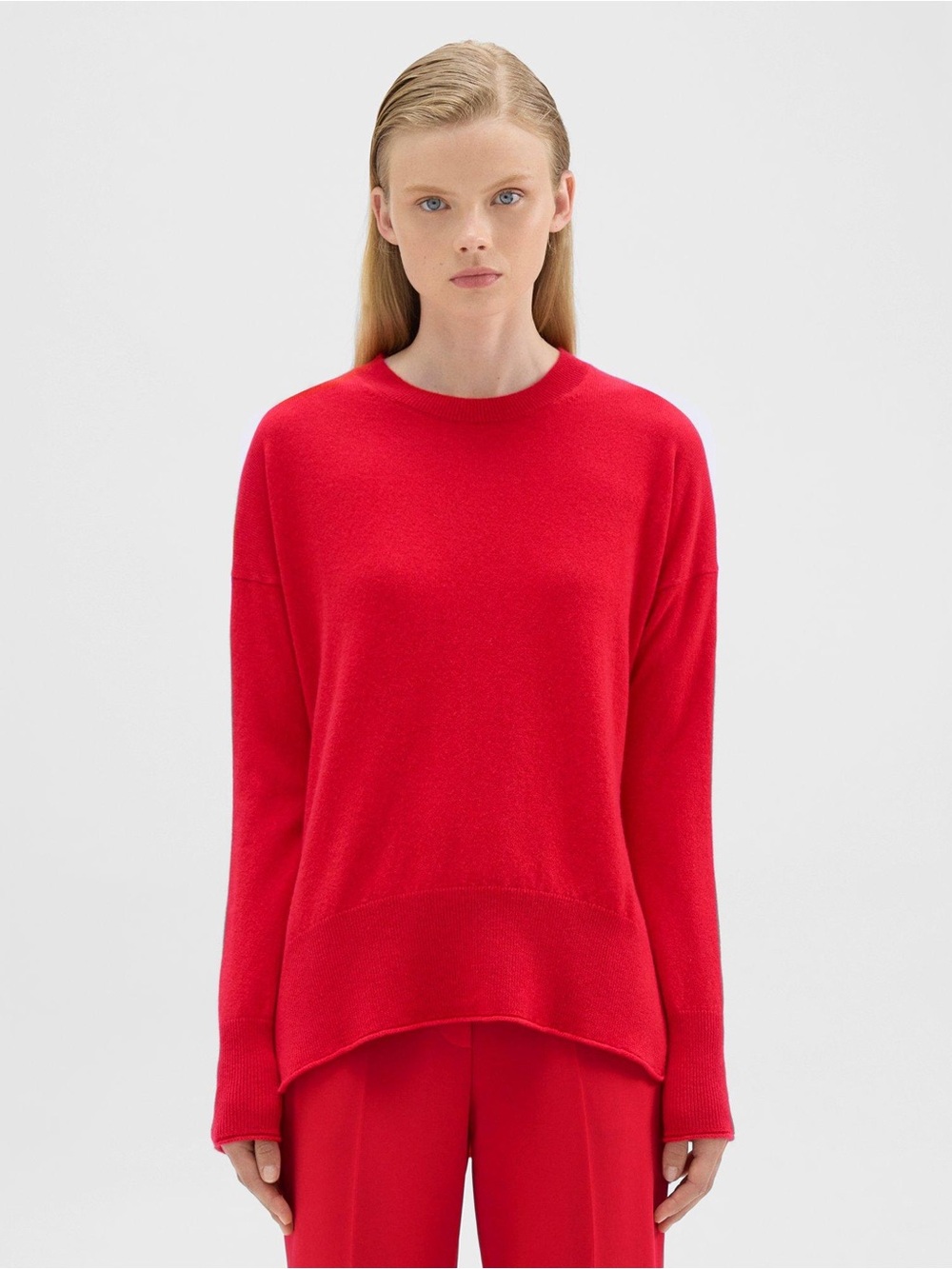 NWT$285 Theory Karenia 💯 Cashmere Crew Neck High-Low Sweater In Bright Tomato S